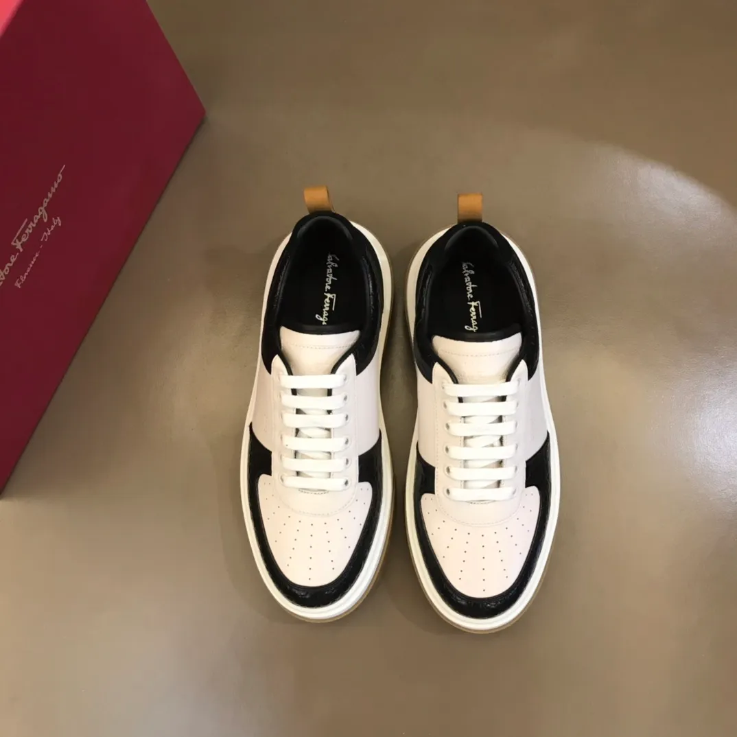 p420 "Salvatore Ferraga**" men's low-cut fashion sneakers. This casual shoe has a novel structure and is made of soft calfskin. The contrasting color elements on the upper highlight the bold and avant-garde atmosphere. The first-layer cowhide lining is high-end and comfortable. Energetic and fresh, these shoes can be worn with casual looks or add a touch of street style to elegant trousers.  Size: 38-44
